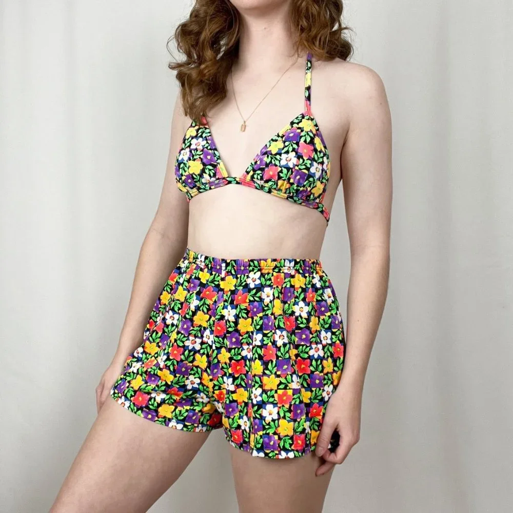 Vintage Floral Power Bikini Two Piece Triangle High Rise Shorts Cute Set 70s 80s - Picture 4 of 9